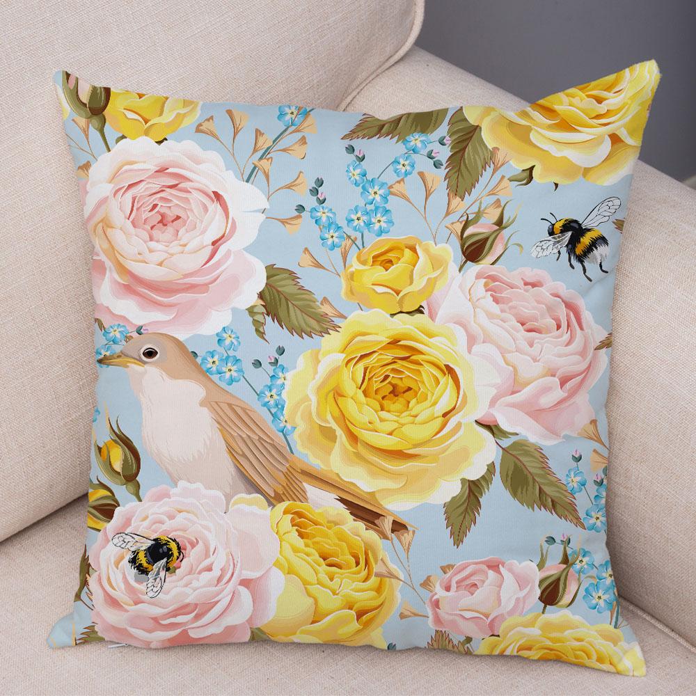 Rose Red Flower Pillowcase Decorative Bird Flower Plant Pillowcase Cushion Sofa Home Car