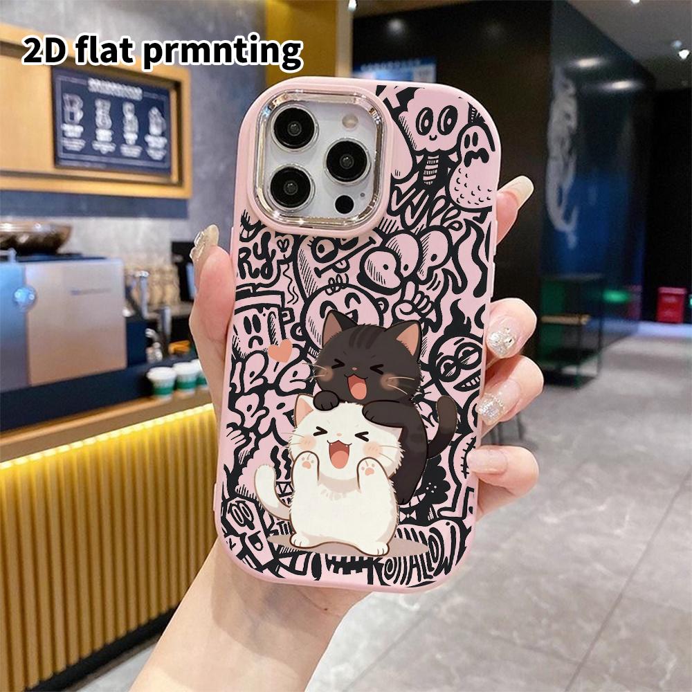 Phone case: 2D flat design suitable for iPhone 18 17 16 15 14 13 Pro protective case, couple style, two little cats, Christmas and Halloween gift