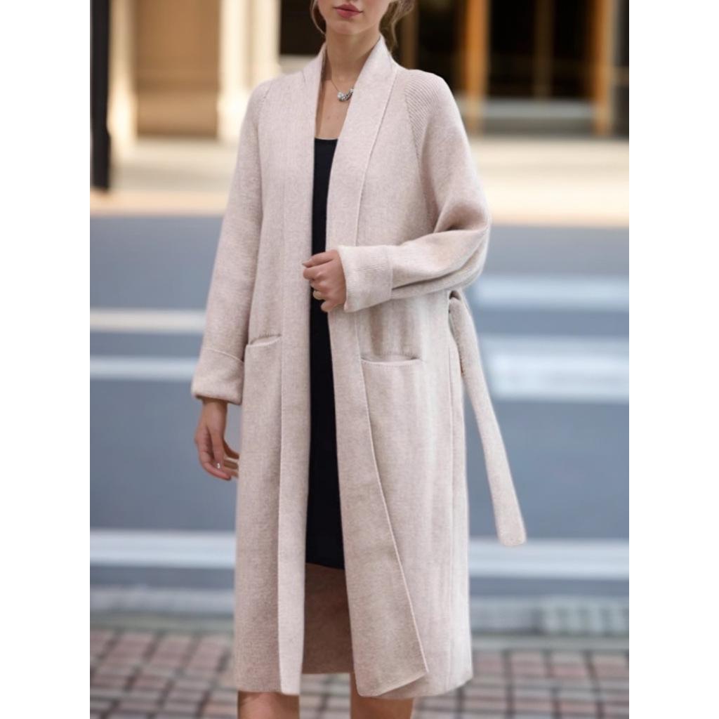 Women's 2024 Autumn/Winter Casual Long Knitted Cardigan Sweater Coat with Lace-Up Design