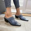 Women Pointed Toe Sandals British Style  Luxury Outdoor Half Slippers Slip On Mules Femme Shoes Ladies Denim Chunky Heeled Slide