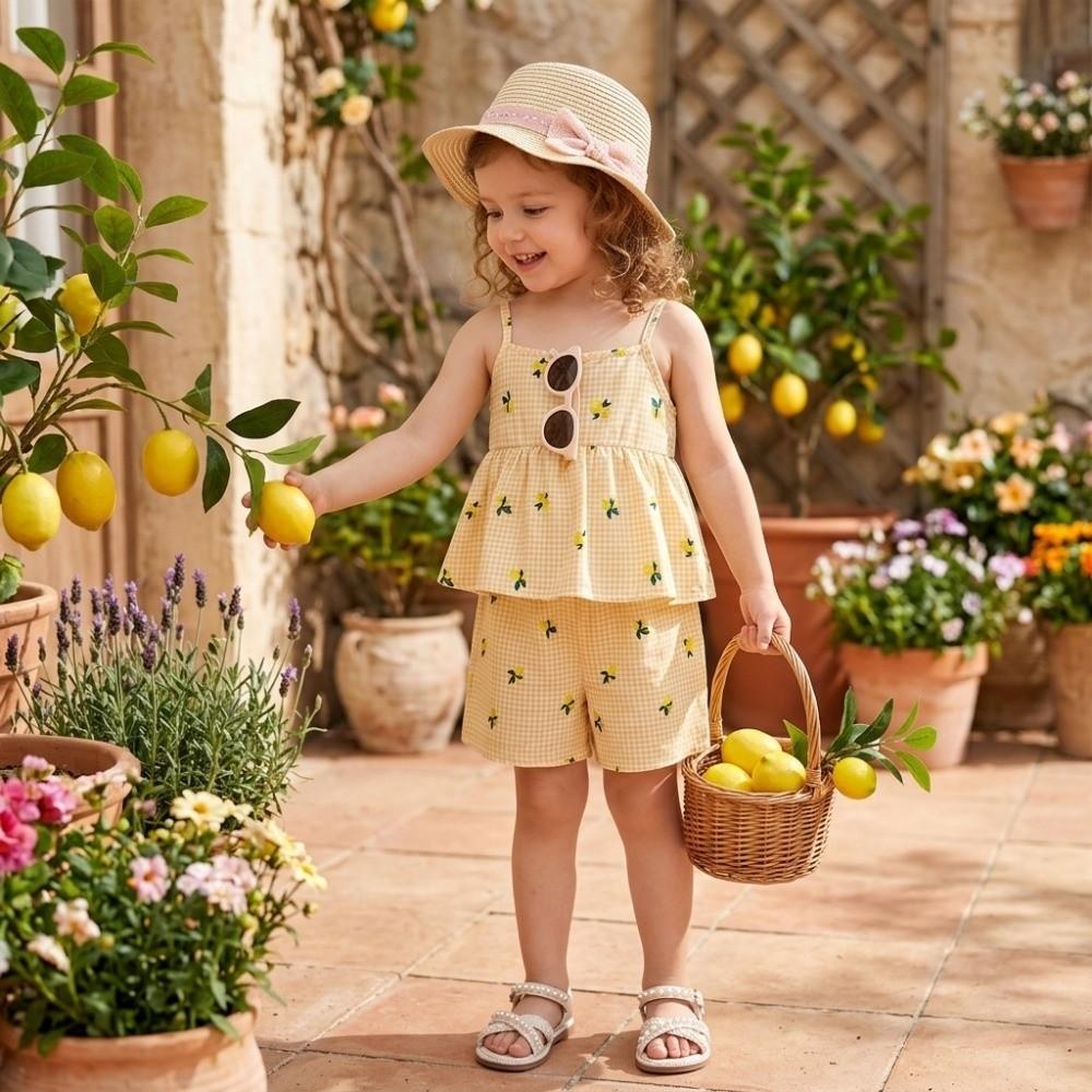 Sleeveless Camisole Shorts Set Spaghetti Straps Gingham Outfit Girls Two Piece Set Outdoor Play