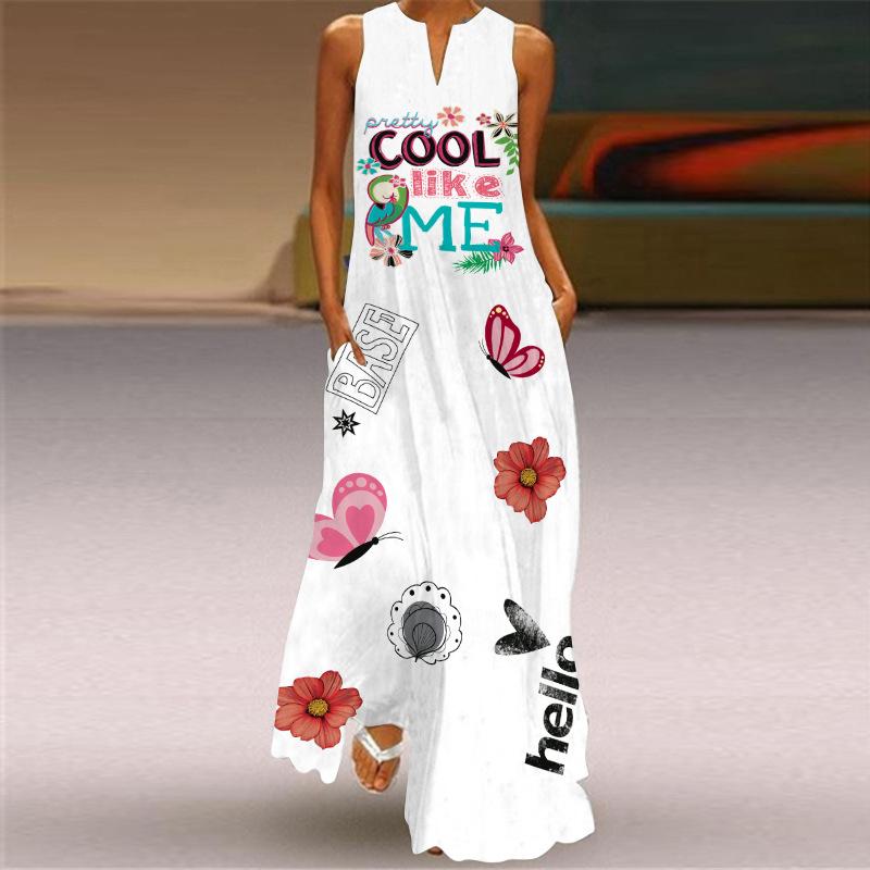 2026 summer women's fashion and sexy digital printing long dress V-neck sleeveless pocket European and American dress S-5XL
