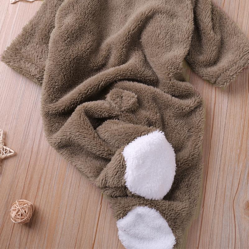 Baby Coral Fleece Hooded Long-Sleeve Warm Jumpsuit for Autumn/Winter