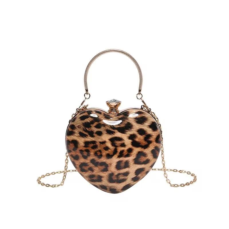 2025 Ladies Fashion Evening Clutch Bag Heart Shape Acrylic Leopard Print Luxury Handbag Shoulder Bag Women Wrist Bag