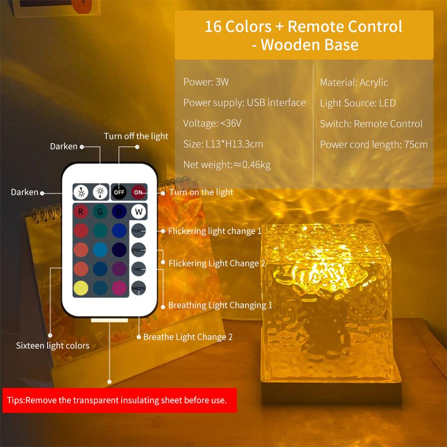 Dynamic Rotating Water Ripple Projector Night Light 16 Colors Flame Crystal Lamp Dimmable Table Lamp for Living Room Study Room