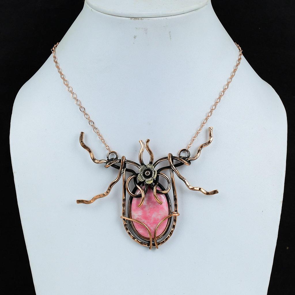 Thulite Gemstone Necklace Copper Wire Wrapped Handmade Jewelry Adjustable Chain Necklace Copper Wire Wrap Necklace Antique Jewelry For Gifts