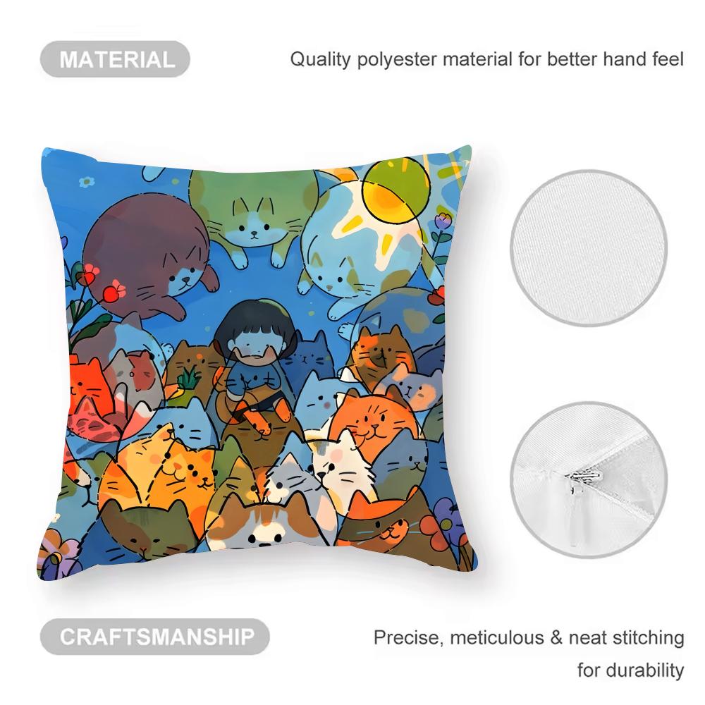 Cartoon Cat Picture For Wake Up Cushion Cover Anti-dustmite Pillowcase Invisible Zipper Silky Short Plush Sofa Cushion Cover