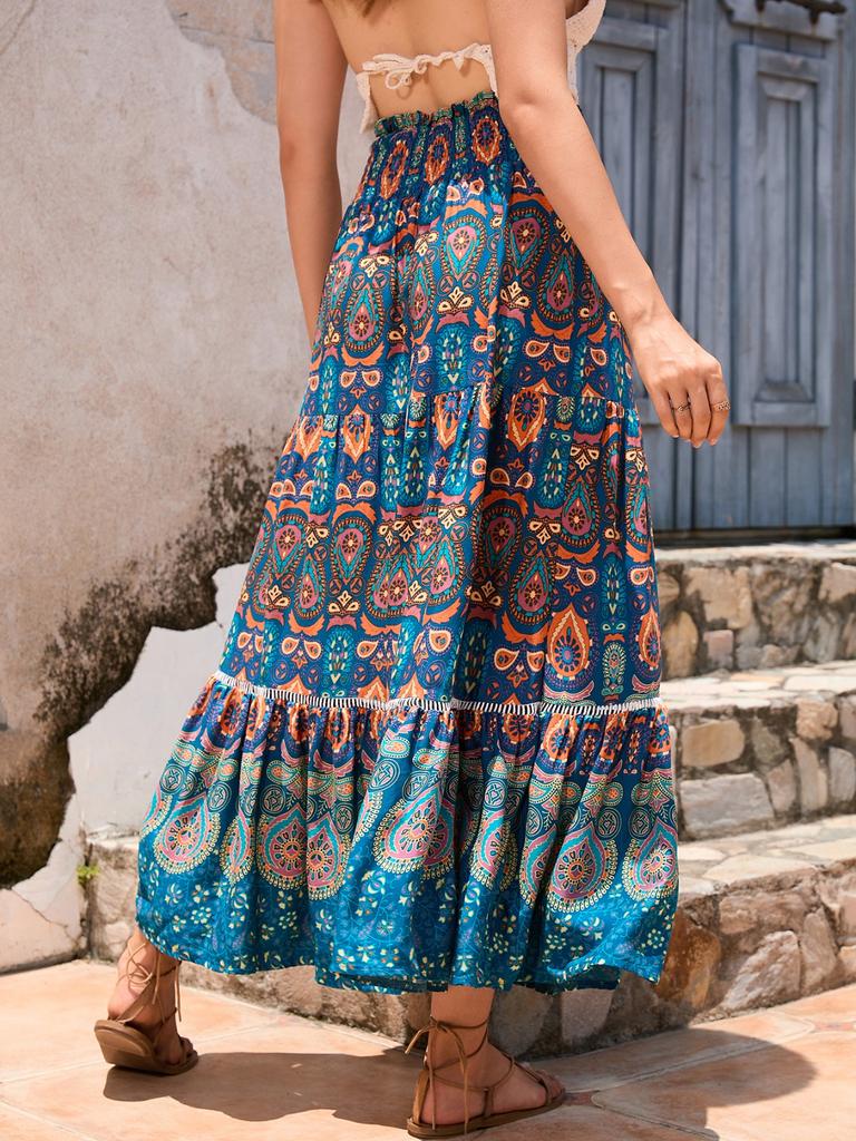 Women's Ethnic Style Printed Skirt Bohemian Beach Skirt Hollow Lace Splicing Long Skirt For Women
