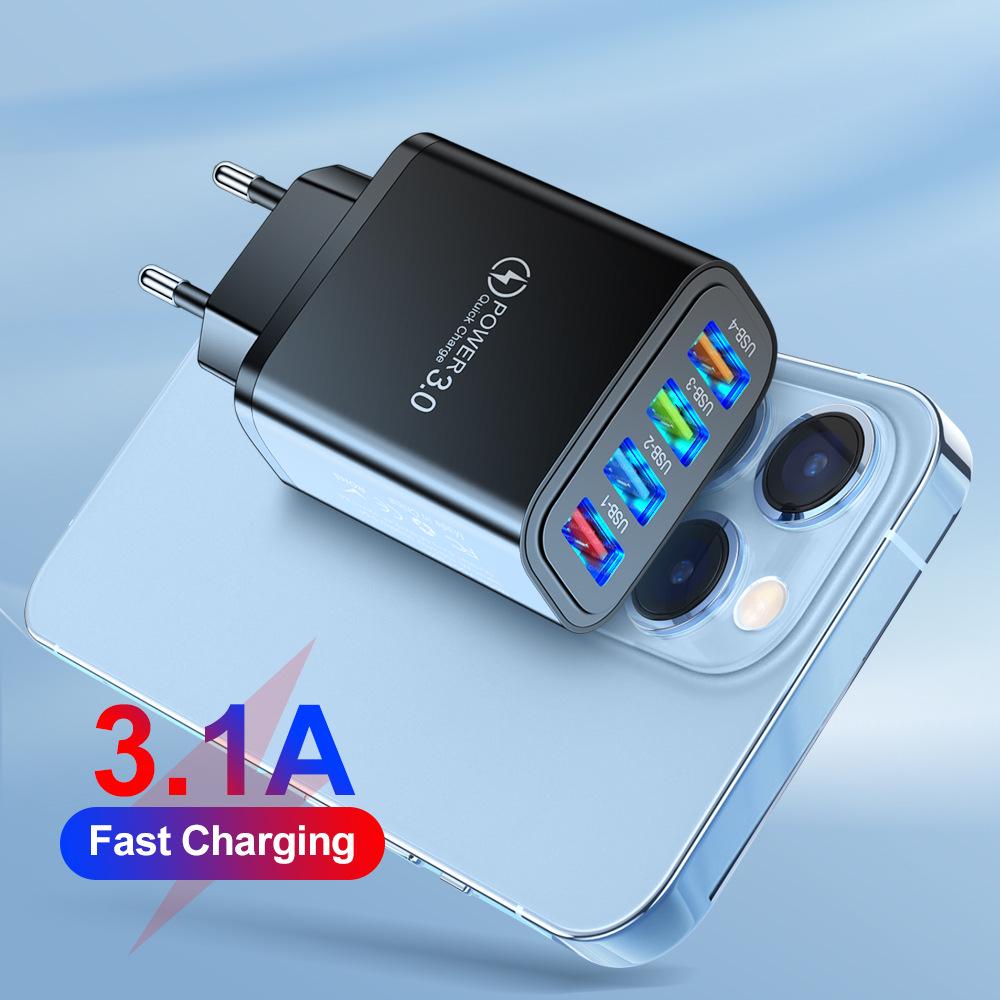 4-портовое USB-зарядное устройство для мобильных телефонов и планшетов 3А - Стандарты США/ЕС, Разноцветное