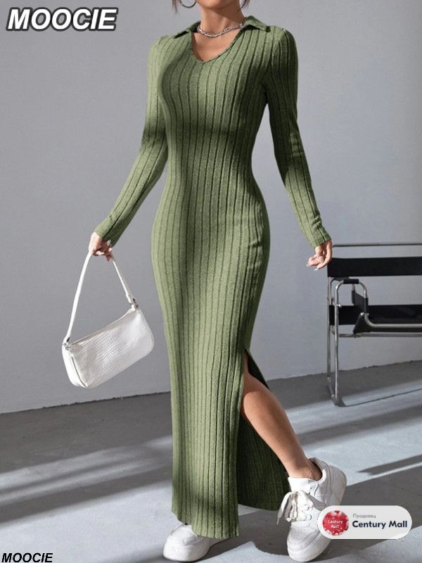 Элегантное облегающее макси-платье с длинным рукавом, воротником и разрезом для женщин