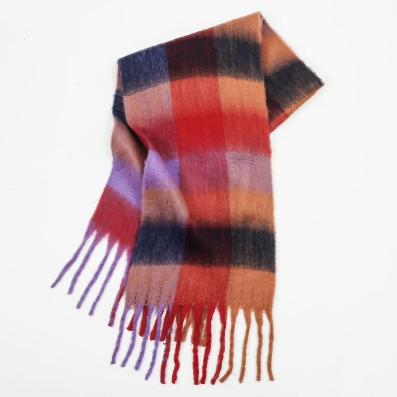 High-end Color Matching Mohair Scarf Women's Autumn and Winter Warmth Thickened Versatile Plaid Tassel