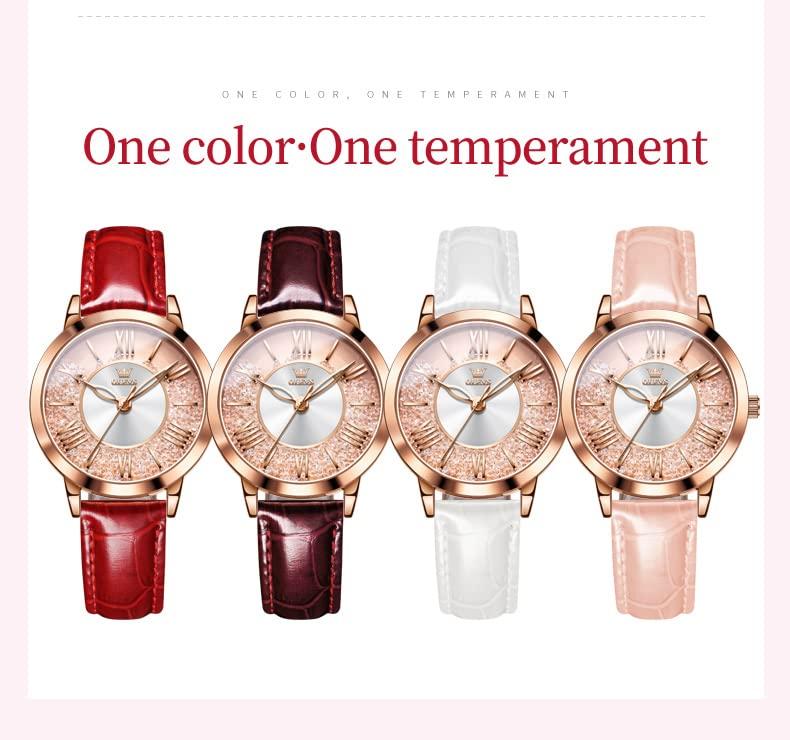 OLEVS Women's Quartz Watch Sparkling Diamond Quicksand Dial Rose Gold Case Pink Leather Band 22cm Waterproof Gift