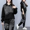 Spring Autumn Fashion Set Women's Versatile Loose and Slim Spliced Denim Hooded Long Sleeve Two Piece Printed Lady Clothing