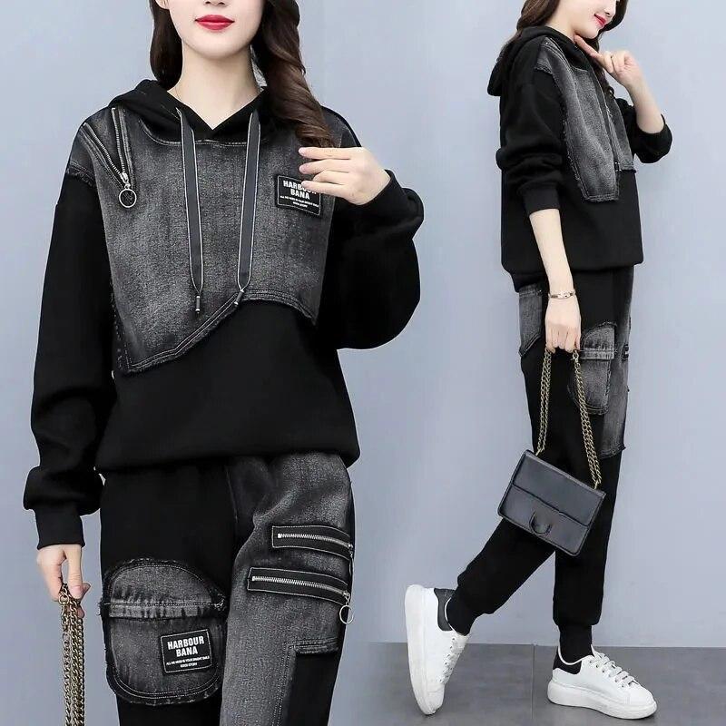 Spring Autumn Fashion Set Women's Versatile Loose and Slim Spliced Denim Hooded Long Sleeve Two Piece Printed Lady Clothing