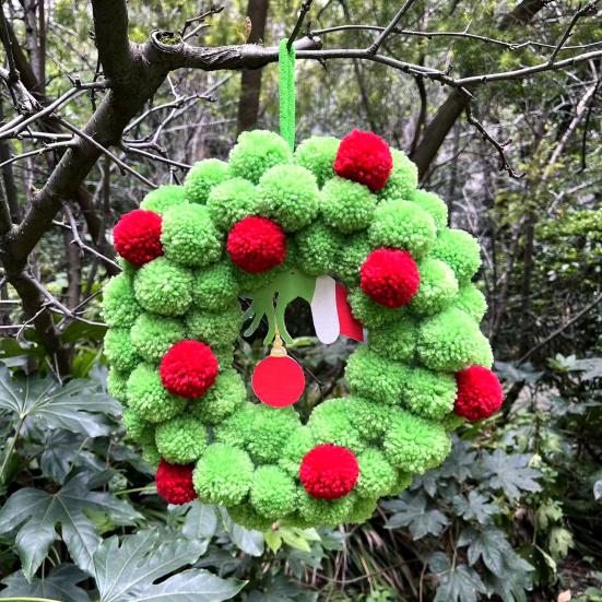 13 Inch Christmas Green Elf Wreath for Front Door Plush Pompom Ball Wreath with Wooden Elf Hand for Winter Wall Window Fireplace Door Tree Decor