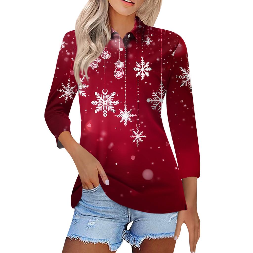 Women's Fashion Casual Lapel Short 3/4 Sleeve Christmas Print Shirt Women's Button Up Tops