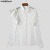 Men Lapel Neck Ruffled Lace Patchwork Tops Mesh Sheer Shirts