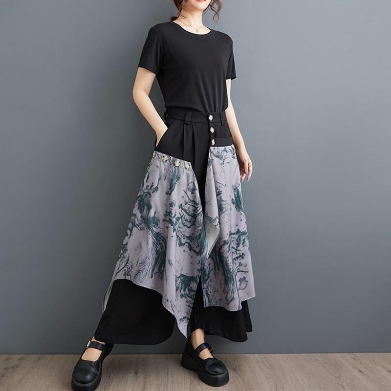 Большие размеры, винтажная цветочная высокая талия, повседневная свободная летняя широкая юбка, брюки, женские брюки