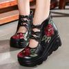 Vintage Embroidered Genuine Leather Shoes for Women High Heel Wedge Platform Shoes