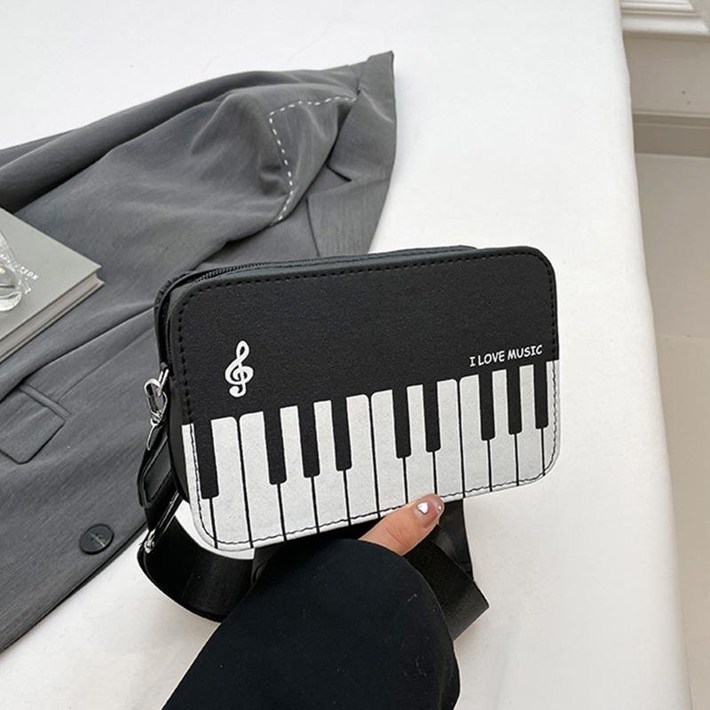 Piano Keys Black and White Sling Bag Contrast Color Casual Square Bag Ladies Travel Shopping Commute Date Bag KTY