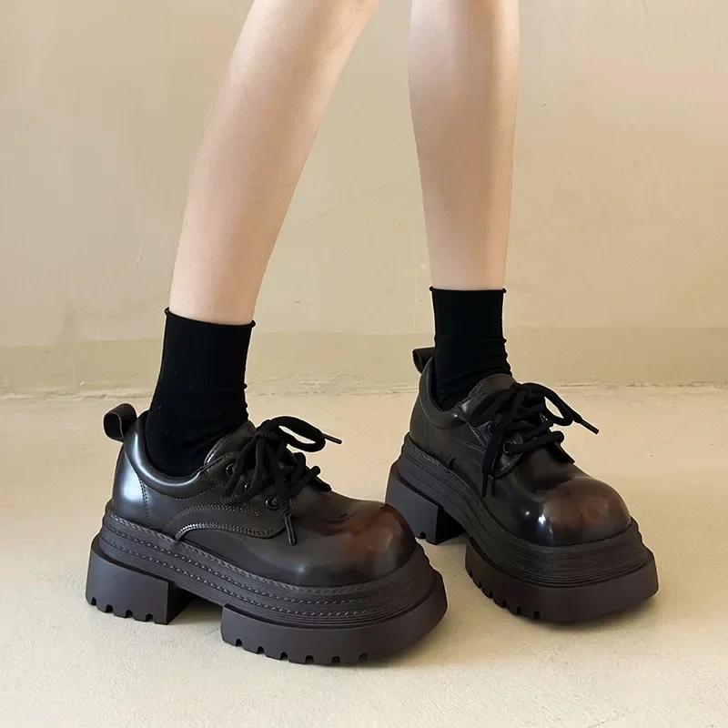 Женские кожаные туфли на толстой подошве 2025 весна новая британский стиль туфли из кожи с большой головой модные универсальные повседневные одинарные туфли