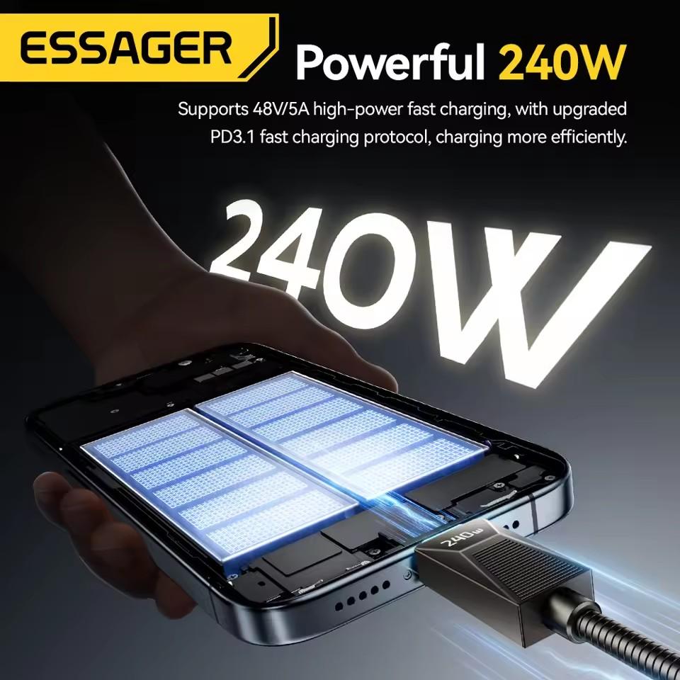 Essager Кабель Type-C 240 Вт для сверхбыстрой зарядки 100 Вт для быстрой зарядки Кабель для передачи данных из нержавеющей стали 5 А для Macbook iPad iPone 16 15 Pro Max