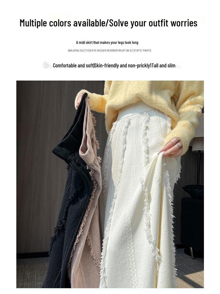 Женская осенне-зимняя белая шерстяная миди-юбка: Завышенная талия, А-силуэт с кисточками