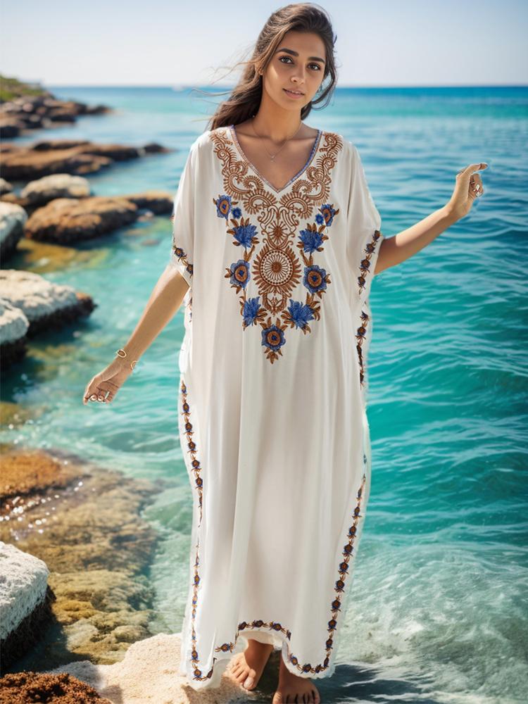 EDOLYNSA White Vintage Embroidered Long Kaftan Casual V-neck Maxi Dress Summer Clothing Women Beach Wear Swim Suit Cover Up Q1490