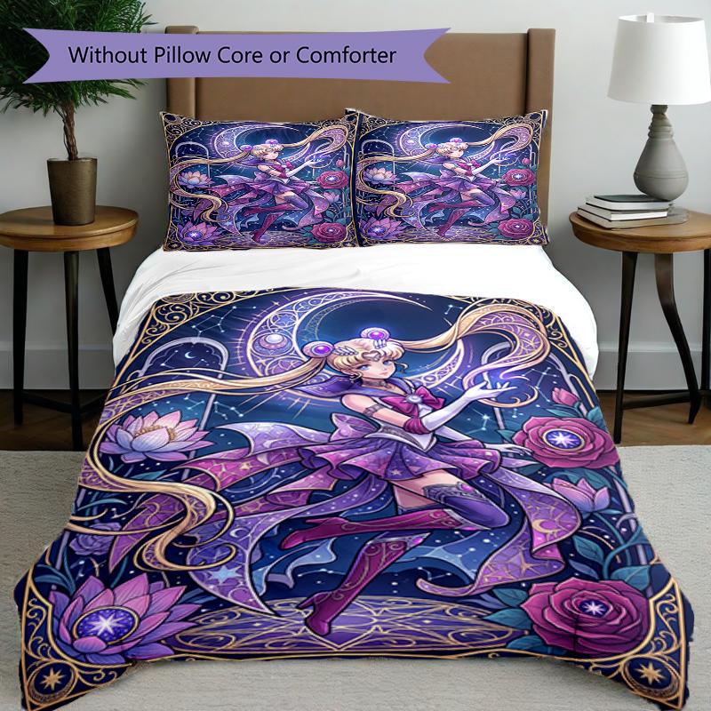 3pcs Duvet Cover Set (1*Duvet Cover + 2*Pillowcase, Without Core), Sailor Moon Print Bedding Set, Bedroom Decor, All‑Season, Birthday Gift