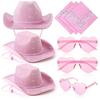 3pcs/Set Wide Brim Sparkling Powder Denim Hat Bandana Pink Cowboy Hat  Costume Party