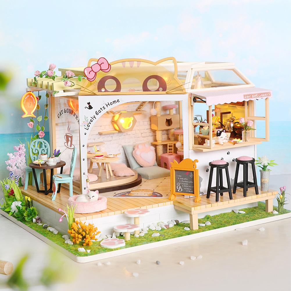 DIY Cat Cafe Miniature Dollhouse Kit With Music And Light Cat Coffee Shop Mini Doll House Model Building Kit With Furniture