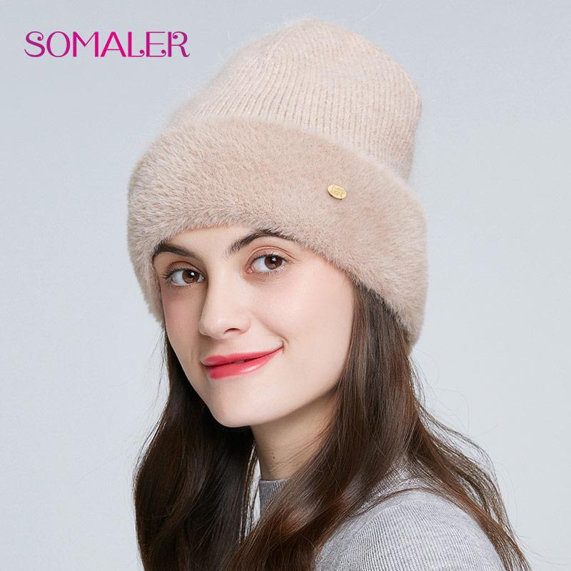 SOMALER Winter Hat for Women Thick Bonnet for Female Solid Color High Quality Rhinestone Cap New Beanie