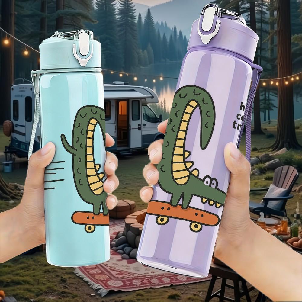 1PC Skateboarding Crocodile Art 750ml Color Plastic Sports Water Bottle Leakproof Flip Straw Lid Suitable for Sports Office Home Use