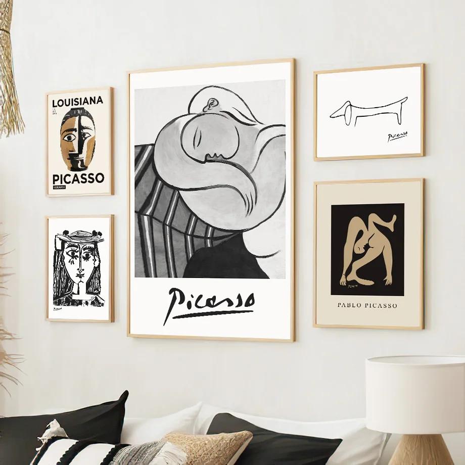 Абстрактная линия Женское лицо Птица Собака Пикассо Настенное искусство Фреска Холст Живопись Постеры и Принты Настенные картины для декора гостиной