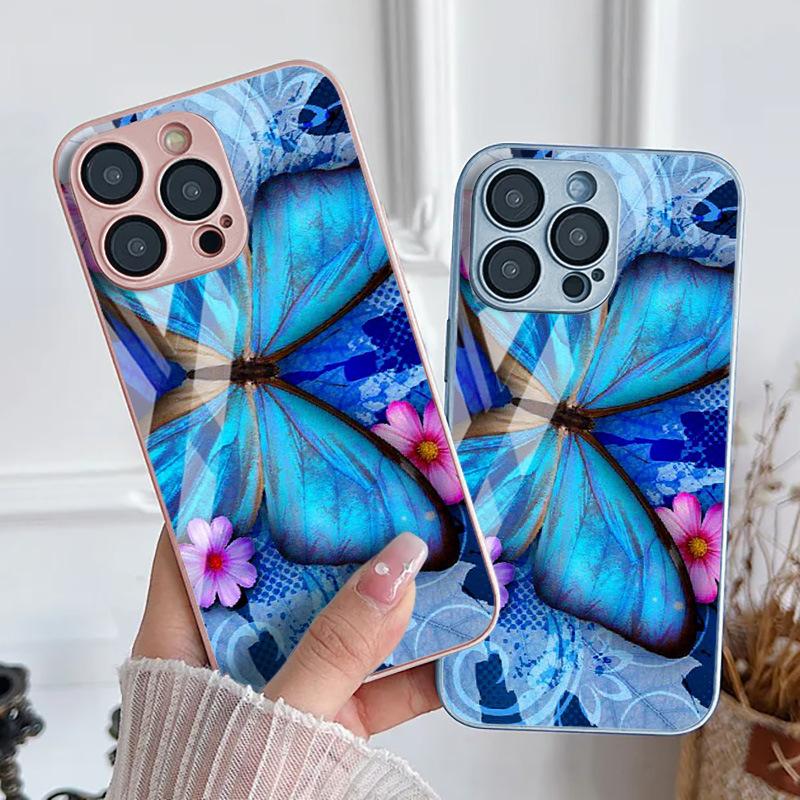 Синяя бабочка для iPhone17ProMax металлическая краска стекло защитный чехол для мобильного телефона 17 полноразмерный 15 мелких отверстий 16