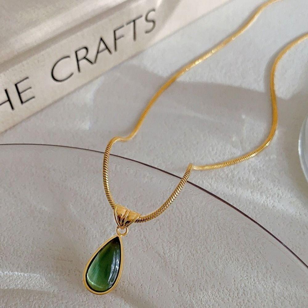 Olive-green Water Drop Neck Chain Colorfast Snake Bone Chain Necklace Drop Pendant Necklace Unisex