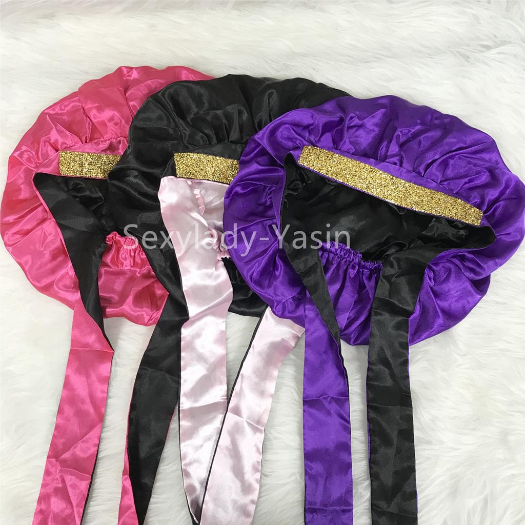 Double Layer Sleeping Bonnet with Diamond Silk Designer Bonnets with Long Tie Satin Hair Bonnet