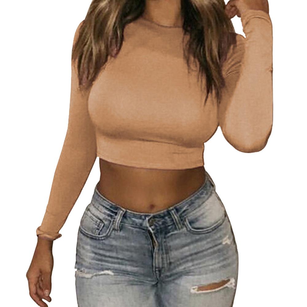 2026 Fashionable Solid Color Short Slim Fit Cropped Long Sleeve T-Shirt for Women with Round Neck