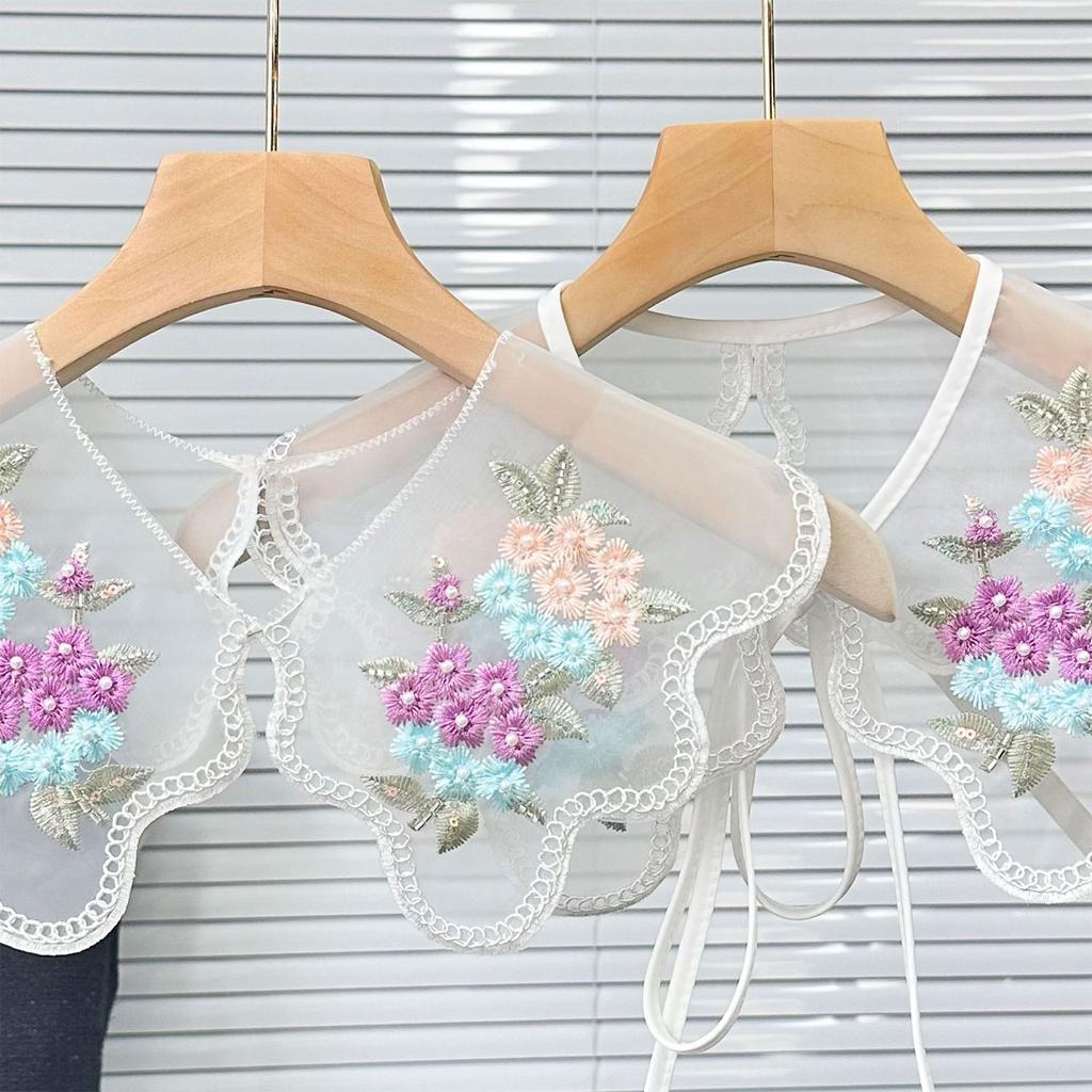 Embroidered Colorful Floral Lace Detachable Faux Collar Shawl Capelet for Women Dress Elegant Fashion Clothing Accessory