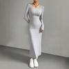 Spring Autumn Solid Long Sleeve O-neck Gray Maxi Dress Women Fashion Elegant Skinny Straight Side Slit Knitted Dresses Clothing