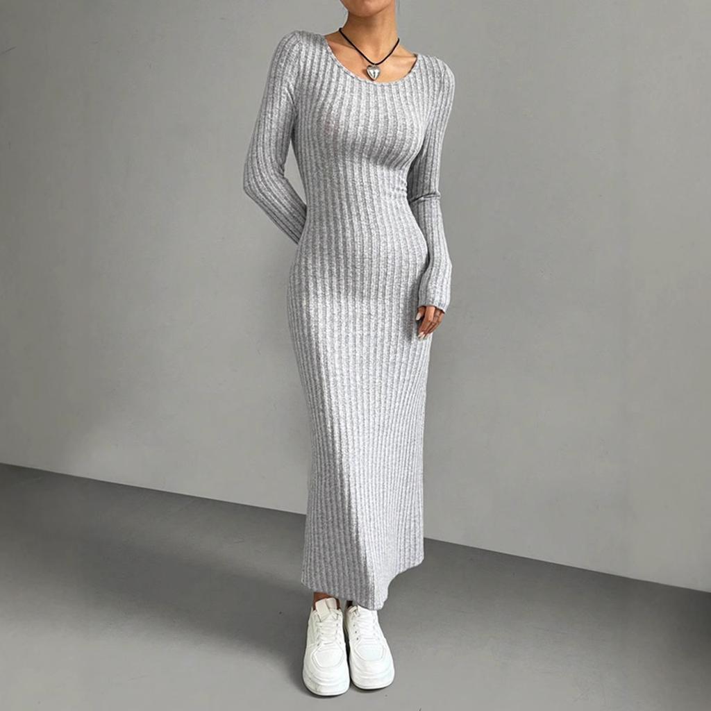 Spring Autumn Solid Long Sleeve O-neck Gray Maxi Dress Women Fashion Elegant Skinny Straight Side Slit Knitted Dresses Clothing