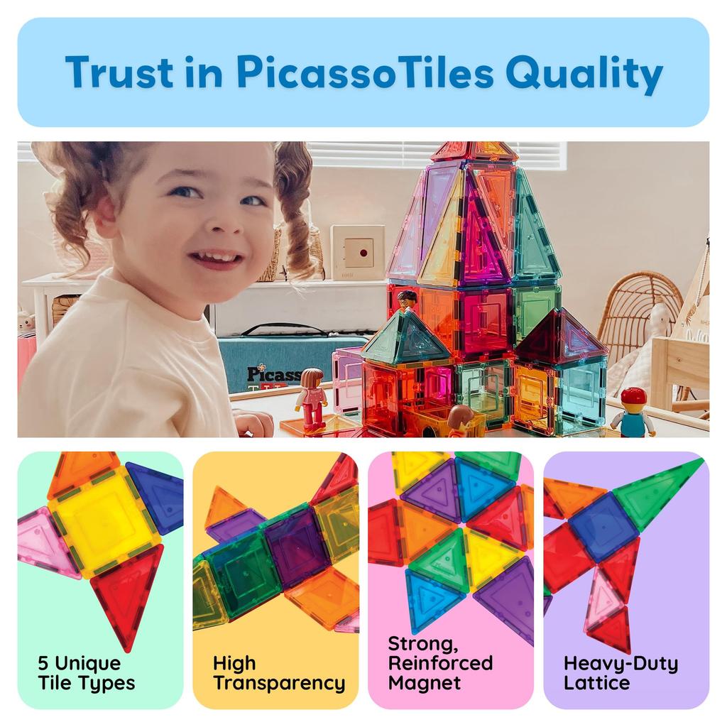 PicassoTiles Set of Magnetic Building Clear Magnetic 3D Building Blocks for Construction Playboards Unlock Your and More 60-Piece Tiles, - Creativity,