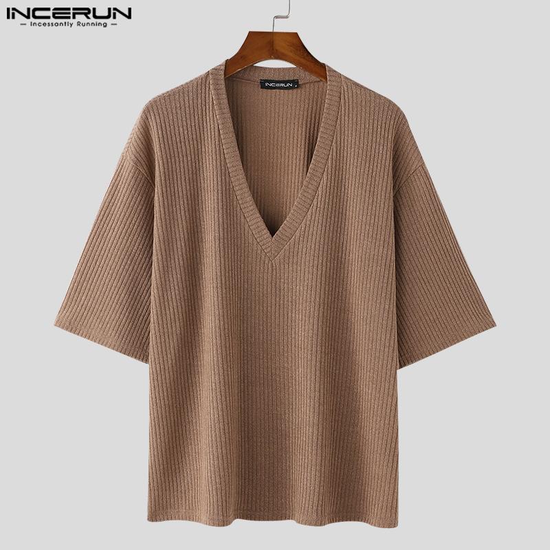 INCERUN Мужские повседневные трикотажные топы с глубоким V-образным вырезом и длинным рукавом