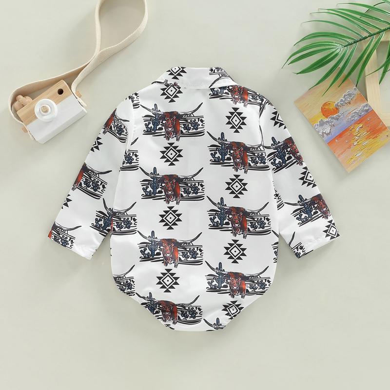 Baby Boys Spring Autumn Casual Romper 3M 6M 12M 18M 24M Long Sleeve Lapel Cattle/Horse Print Button Romper