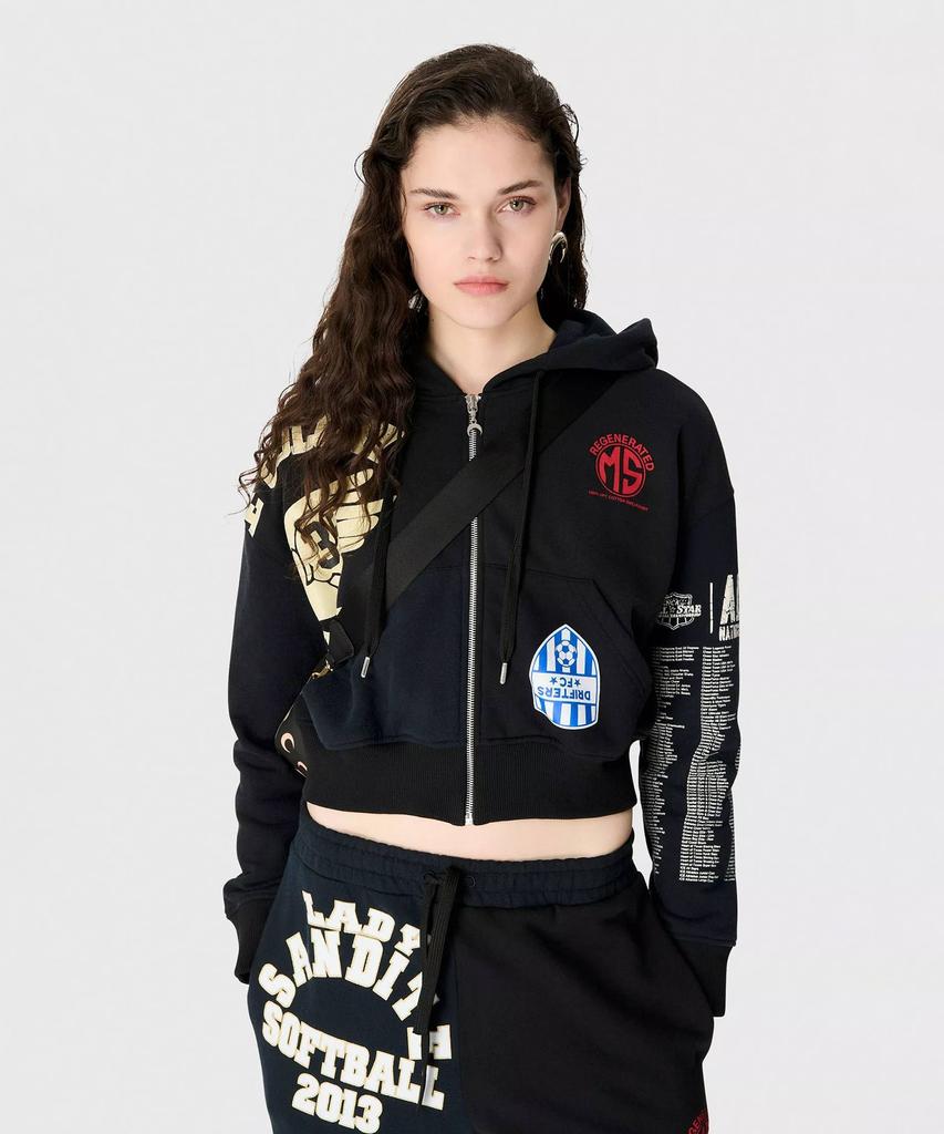 (W) Regenerated Graphic Jersey Cropped Zip Hoodie Black Regenerated Graphic Jersey Cropped Zipped Hoodie Bk99 Black