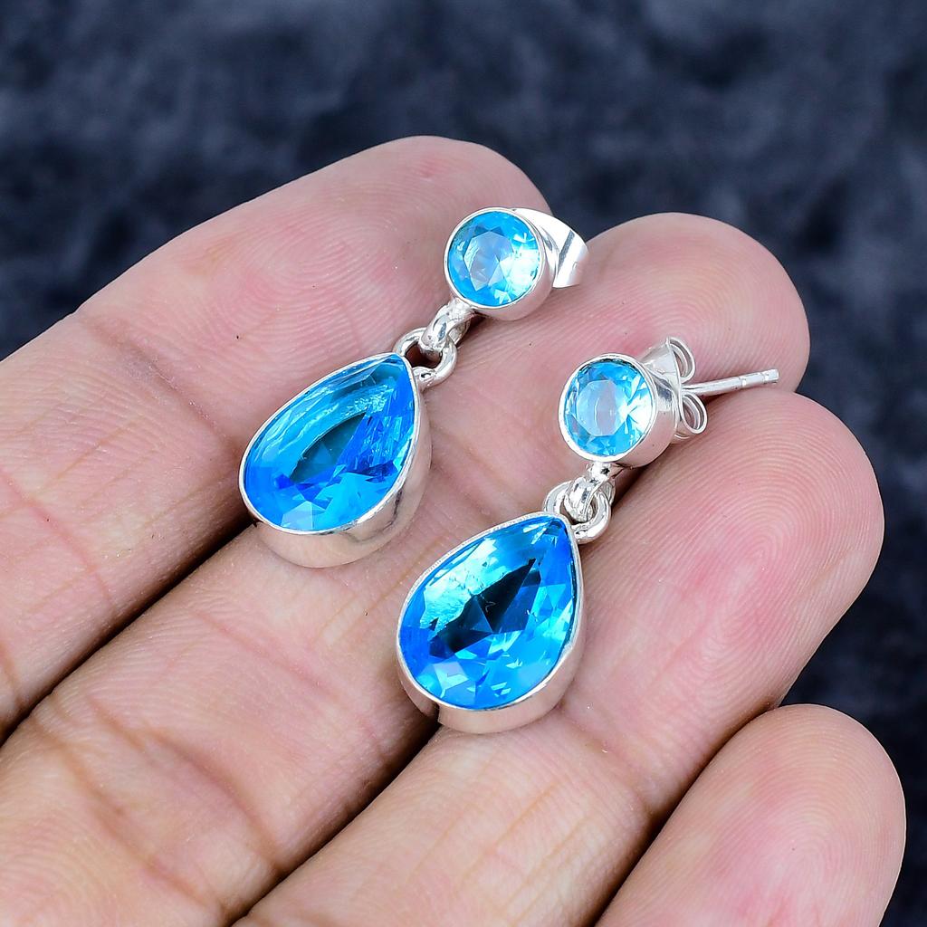 Swiss Blue Topaz Gemstone 925 Sterling Silver Jewelry Earring 1.10" MM-3484