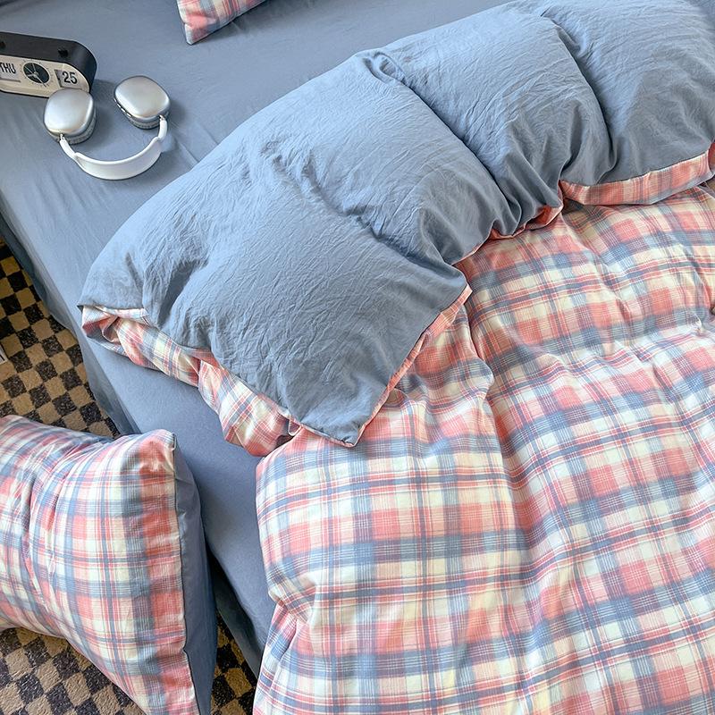 Стираный, приятный для кожи комплект постельного белья простыня наволочка пододеяльник решетка