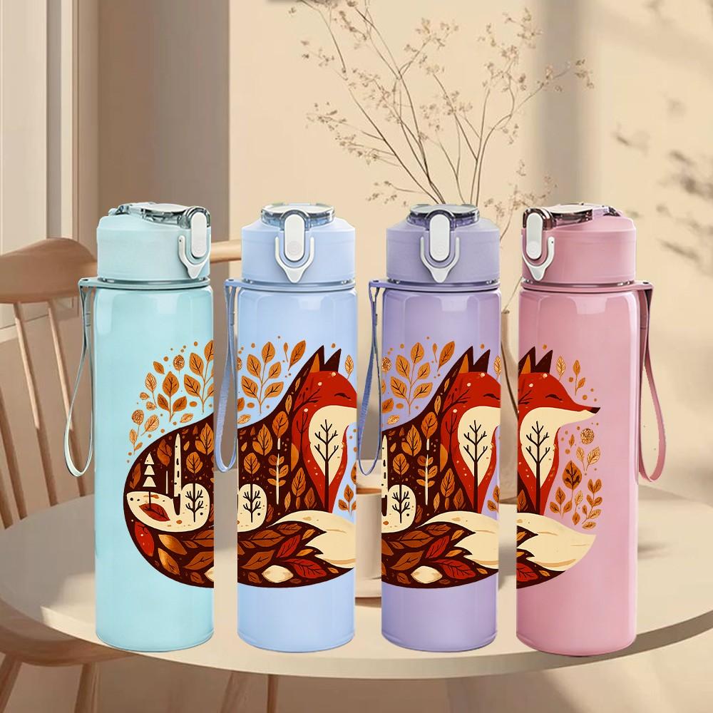 1PC Folk Fox Pattern Art 750ml Color Plastic Sports Water Bottle Leakproof Flip Straw Lid Suitable for Sports Office Home Use