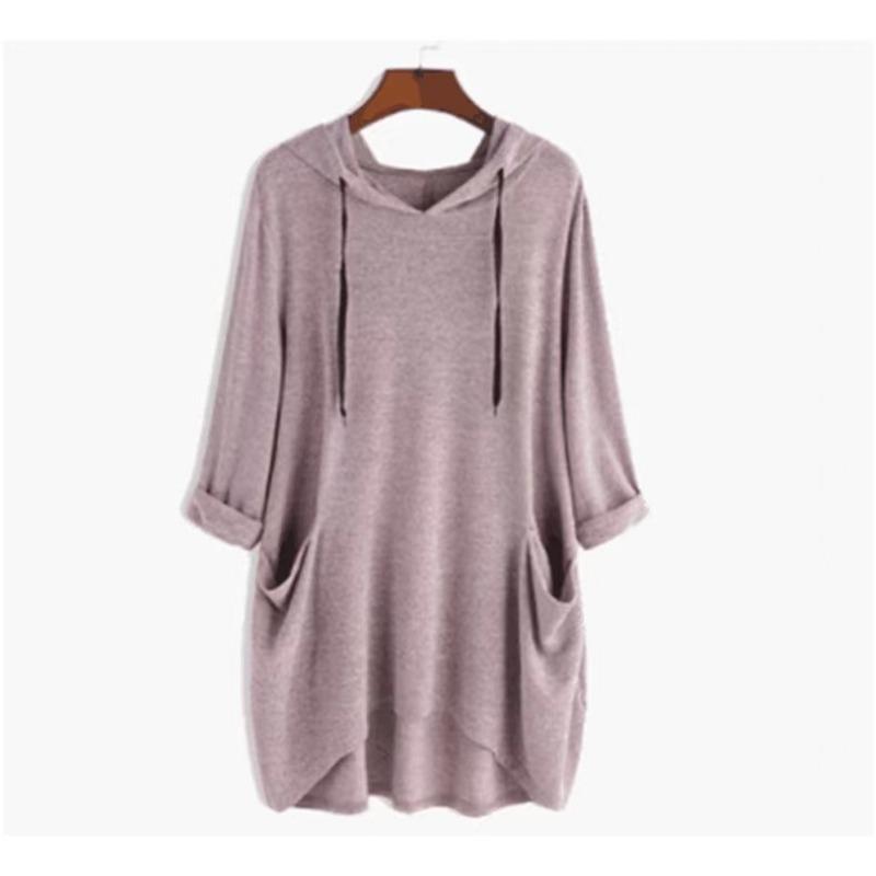 Spring Autumn Women's Hooded Solid Color Loose Long T-shirt Irregular Long Sleeve Pocket Pullover Top