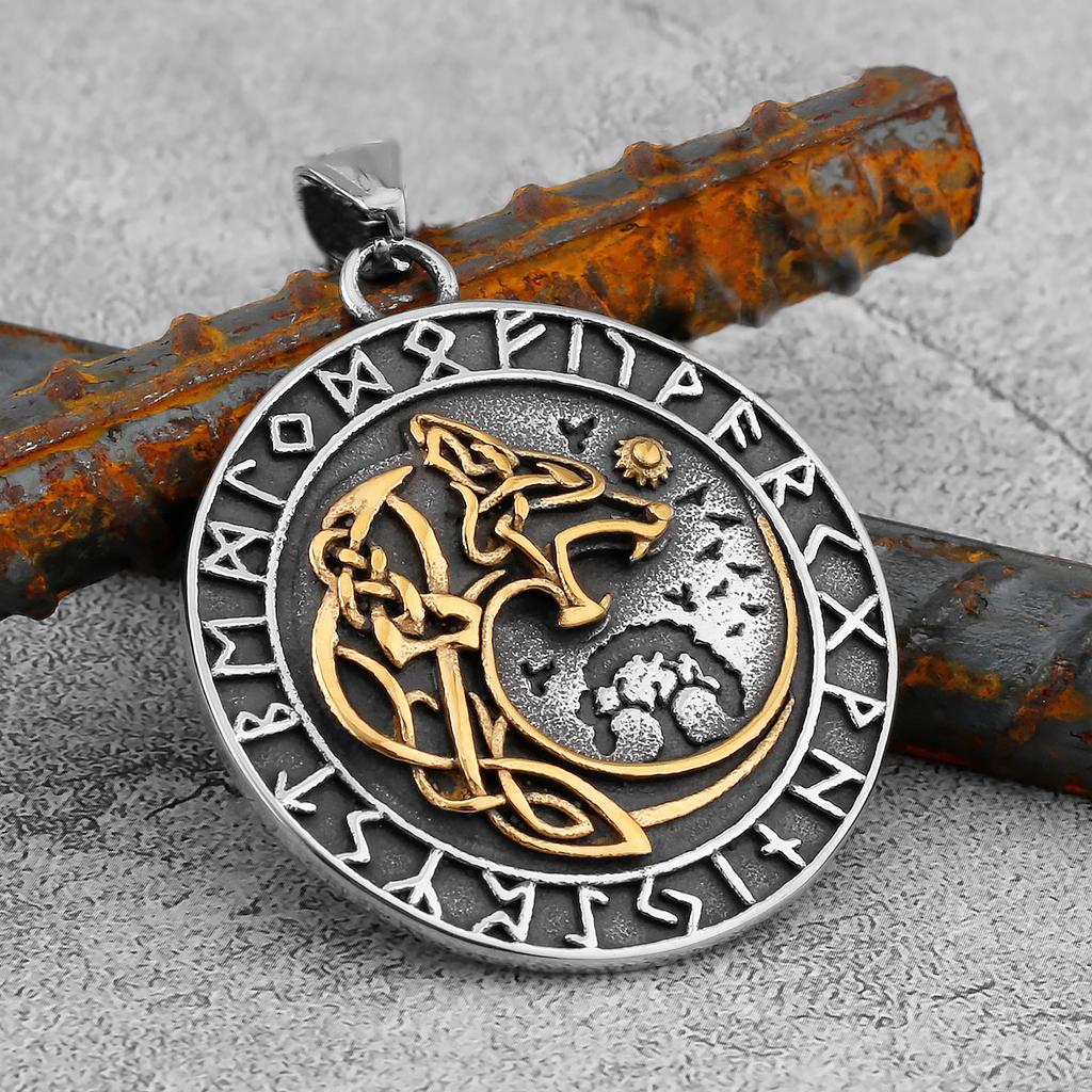 Norse Mythology Viking Wolf Necklaces Men Stainless Steel Viking Runes Vegvisir Amulet Pendant Scandinavian Vintage Male Jewelry